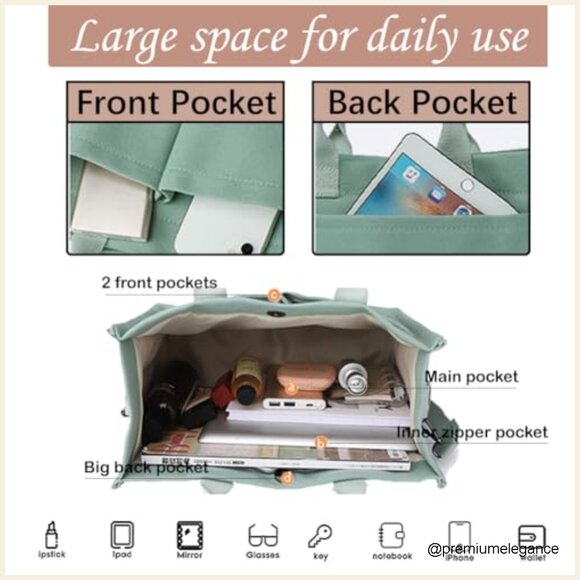 Canvas Tote Bag with Adjustable Strap Multiple Pockets Large Capacity Hobo - Picture 4 of 7